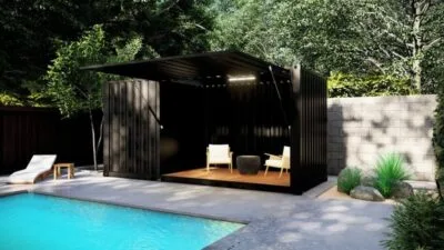 POOL HOUSE EN CONTAINER AVEC AUVENT REFERMABLE SUR VÉRIN