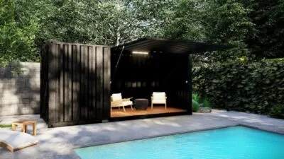 POOL HOUSE EN CONTAINER AVEC AUVENT REFERMABLE SUR VÉRIN