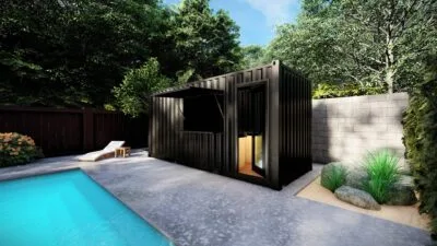 POOL HOUSE EN CONTAINER AVEC AUVENT TYPE BAR POUR CUISINE D’ÉTÉ