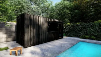 POOL HOUSE EN CONTAINER AVEC AUVENT TYPE BAR POUR CUISINE D’ÉTÉ