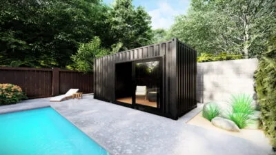 POOL HOUSE EN CONTAINER AVEC BAIE VITRÉE ET LOCAL FERMÉ