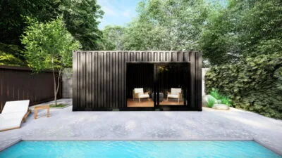 POOL HOUSE EN CONTAINER AVEC BAIE VITRÉE ET LOCAL FERMÉ