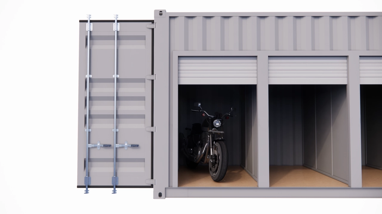 GARAGE 4 BOX 3,5 M² EN CONTAINER MARITIME – PORTES RIDEAUX ENROULABLES OUVERTURE MANUELLE