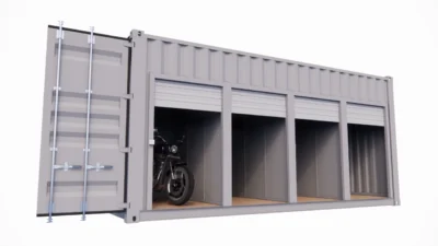 GARAGE 4 BOX 3,5 M² EN CONTAINER MARITIME – PORTES RIDEAUX ENROULABLES OUVERTURE MANUELLE