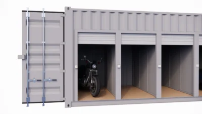 GARAGE MOTOS 9 PLACES ET 9 PORTES EN CONTAINER DE 40 PIEDS