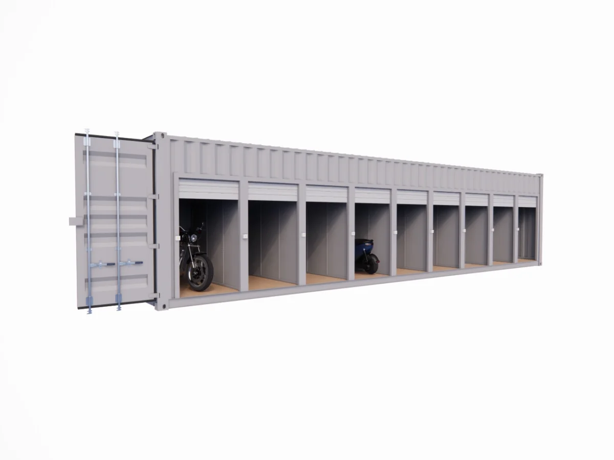GARAGE MOTOS 9 PLACES ET 9 PORTES EN CONTAINER DE 40 PIEDS