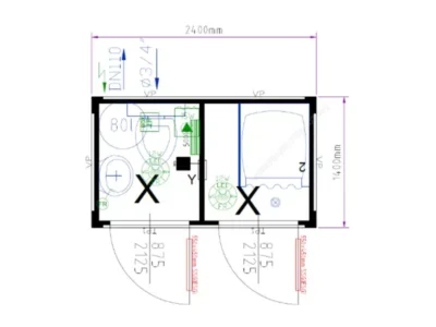 BUNGALOW BOX 3,3 M² : DUO CABINES DOUCHE ET WC  8 PIEDS